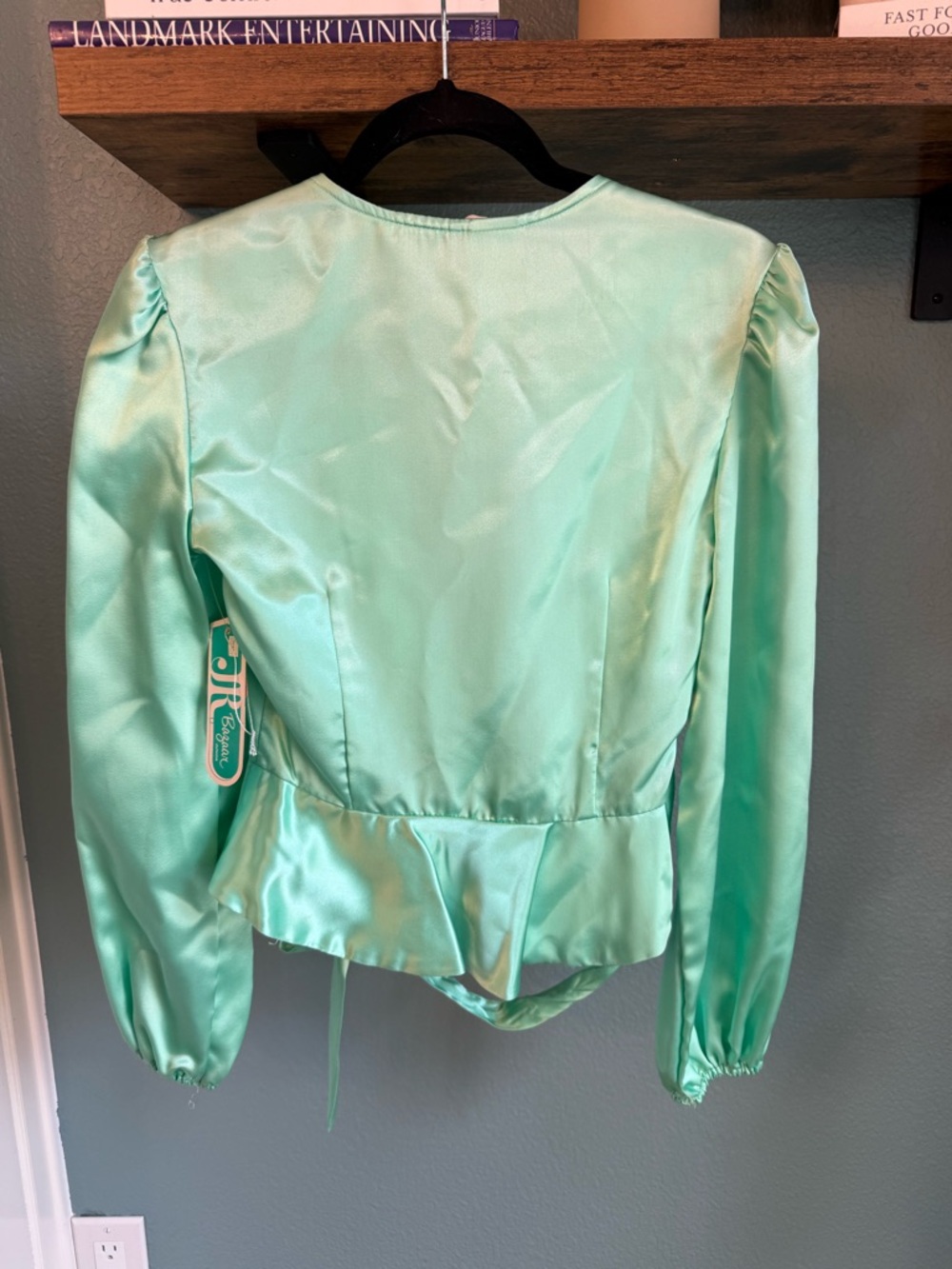 Vintage Satin Wrap Top Mint Green Sears JR Bazaar NWT Puff Sleeve Size 9 - Picture 2 of 5